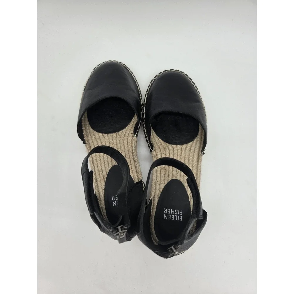Eileen Fisher Black Lala Fisherman Sandal Ankle Strap Leather Black Sandal 7.5